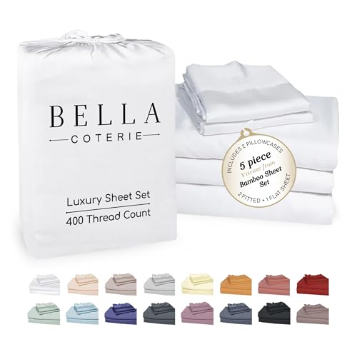 Split King Sheet Set - 100% Organically Grown Bamboo Viscose - Softer than Silk, Satin and Cotton - Cooling for Hot Sleepers - 2-18” Extra Deep Pocket Fitted Sheets, Flat Sheet, 2 Pillowcases [White]