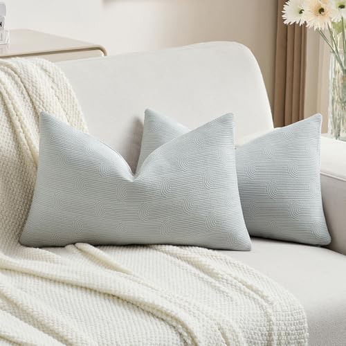 FUTEI Light Grey Chenille Decorative Throw Pillow Covers 12x20 Inch Set of 2,Soft Cozy Striped Geometric Patterns Lumbar Pillow Cases,Modern Home Decor for Couch Bed Living Room