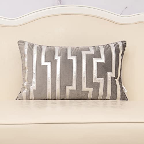 Alerfa Lumbar Cushion Covers Refined Decorative Velvet Embroidered Cushion Covers for Sofa Living Room Bedroom Decorative Gold Geometric Pattern Leather 12x20 Inch Grey