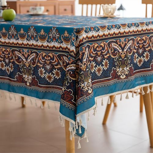 "Erbnaryx Handblock Print Tablecloth for Square Tables,Fringed Edges with Retro Pattern Tablecloths,Table Cover Cloth Decorative for Kitchen Dining Room,59""x 59"""