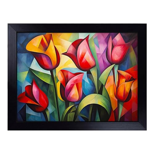 Lap Tray with Bean Bag Cushion, Floral Art Cubism - Handmade in the UK, Raised Wooden Edge, Padded Cushion, Heat-Resistant Wipe-Clean Surface, for Meals, Laptops and Crafts