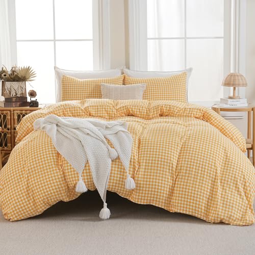 "YHJWW Yellow Gingham Duvet Cover Bedding Set Prewashed Extra Soft Comfy Breathable 3 Piece Plaid Checkered Grid Comforter Cover Set Cute Aesthetic (King 104""x90"", No Comforter)"