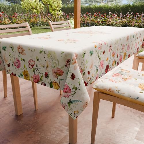 PETTI Artigiani Italiani - Stain Resistant Tablecloth Rectangular 140x450 cm 24 Seats, Wipe Clean Microfibre Kitchen Table Cover, Floral 06 Design Beige Flowers, 100% Made in Italy