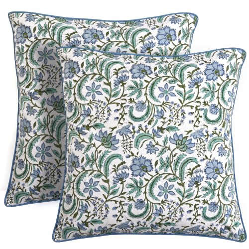 "Ridhi Block Print Columbia Blue Pillow Cover 24"" x 24"" (Pack of 2) Decorative Couch Pillows for Living Room, Chic Boho Cute Outdoor Pillows Covers Gifts for Spring, Easter and Valentine"