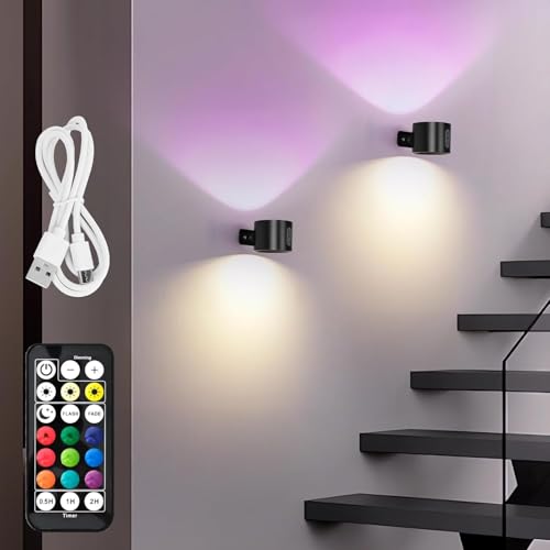 LuminexDesigns 2-Pack Rechargeable LED Wall Light, Wireless No-Drill RGB Lamp Black, Stick-On Indoor Cordless Sconce with Touch Dimming & Remote Control Timing for Bedside Bedroom Picture AURI WL01