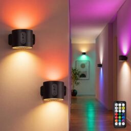 LuminexDesigns 2-Pack Rechargeable LED Wall Light, Wireless No-Drill RGB Lamp Black, Stick-On Indoor Cordless Sconce with Touch Dimming & Remote Control Timing for Bedside Bedroom Picture AURI WL01
