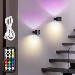 LuminexDesigns 2-Pack Rechargeable LED Wall Light, Wireless No-Drill RGB Wall Lamp Black, Stick-On Indoor Cordless Sconce with Touch Dimming & Remote Control Timing for Bedside, Bedroom & Picture