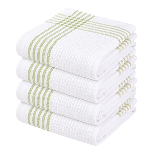 Softopia Cotton Waffle White & Lemon Green 4 Pack Kitchen Towels, 100% Cotton, 16x26 inches, Everyday Use Dish Cloths Set, Durable and Absorbent Hand Towel, Ideal for Drying Dishes, DIY Embroidery