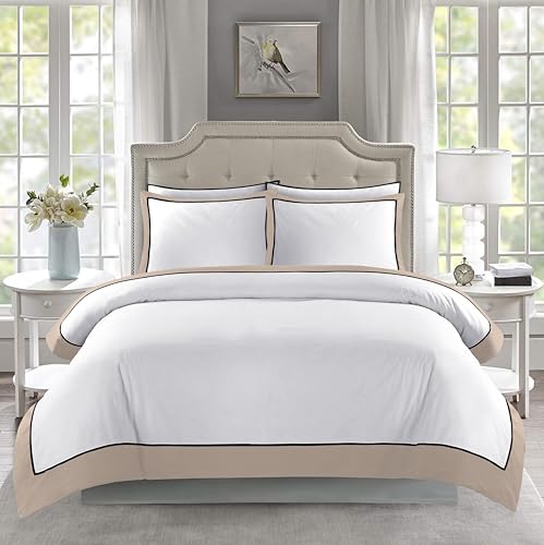 GC GAVENO CAVAILIA Frill Duvet Cover - Ultra Soft Poly Cotton Double Duvet Set & Pillowcases - Lightweight Comforter Cover, Breathable Double Bedding Sets (200 x 200 cm) - White/Latte