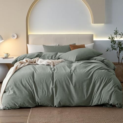 JIYUAN King Washed Cotton Duvet Cover Set, 3-Piece, Relaxed Linen Feel - Includes 2 Pillowcases, Hidden Zipper & 8 Corner Ties. Naturally Soft, Breathable & Lightweight. Machine Washable.