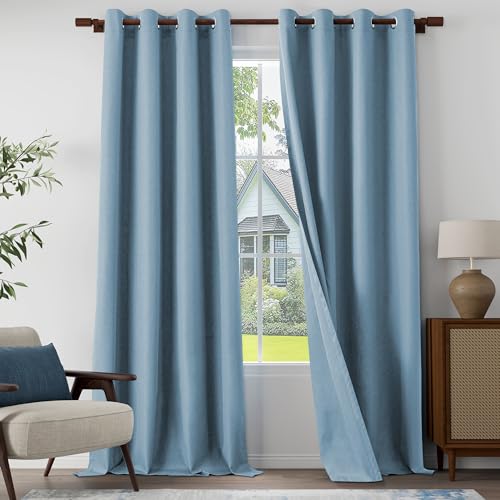 "Extra Lenght 100% Blackout Linen Textured Curtains 120 Inch Length 2 Panels Set for Living Room, Bedroom, Full Blackout with Grommets Top, Light Blue, 52"" W x 120"" L, 2 Panels"