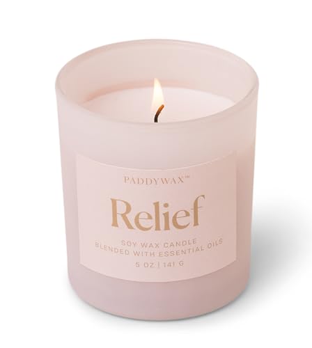 Paddywax Scented Candles Wellness Collection Frosted Glass Candle Fragranced with 100% Essential Oils, 141g, Light Pink - Relief