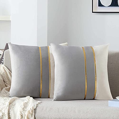 WACOMECO Velvet Throw Pillow Covers - Pack of 2 Soft Decorative Cushion Covers Cases with Gold Leather for Sofa Bedroom Livingroom Car, 16 x 16 in, Grey and White