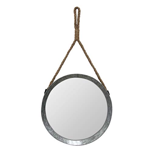 "Stonebriar Rustic Round Galvanized Metal Mirror with Rope Hanging Loop  Farmhouse Home Decor  For Bathroom, Bedroom, and Living Room, 11.9"", Grey"