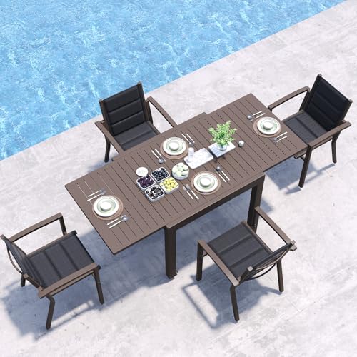 JUMMICO Garden Table and Chairs Set, Extendable Table + 4 Stackable Textilene Chairs, Aluminium Frame Space-Saving Outdoor Dining Set for Patio & Garden ??? Brown