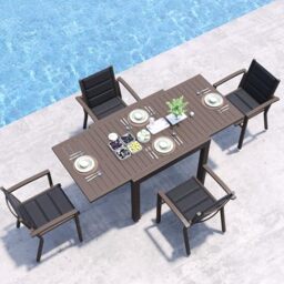 JUMMICO Garden Table and Chairs Set, Extendable Table + 4 Stackable Textilene Chairs, Aluminium Frame Space-Saving Outdoor Dining Set for Patio & Garden ??? Brown