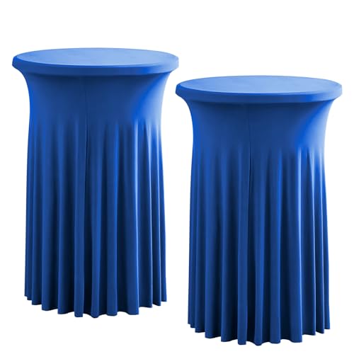 Rakila 2 Pack Round 43 x 32 Inch Spandex Cocktail Tablecloth with Wavy Skirt Royal Blue Fitted Stretch Table Cover for Bar Wedding Party