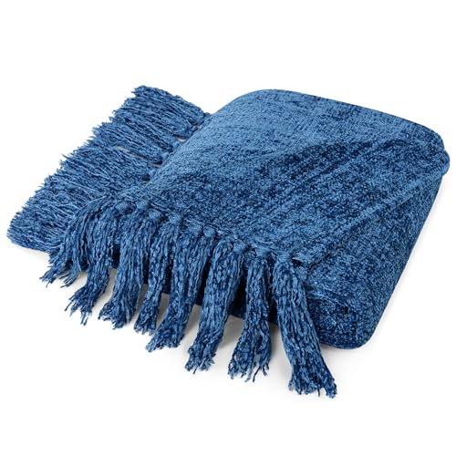 Pavilia Blue Chenille Throw Blanket for Couch & Bed, Twin Size, Soft Knit Woven Blanket with Tassel, Decorative Textured for Living Room, Blue 60x80