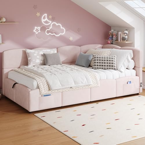 Ball & Cast Single Bed frame, 3ft Single Upholstered Ottoman Bed, Corner Bed Frame, Girls Daybed Sofabed, with USB Charging & Side Pocket, Sturdy Wooden Slat Support, Velvet, Pink, 90 x 190 cm