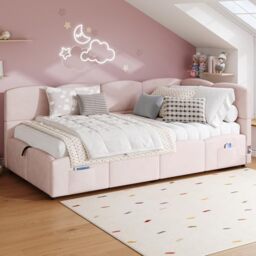 Ball & Cast Single Bed frame, 3ft Single Upholstered Ottoman Bed, Corner Bed Frame, Girls Daybed Sofabed, with USB Charging & Side Pocket, Sturdy Wooden Slat Support, Velvet, Pink, 90 x 190 cm