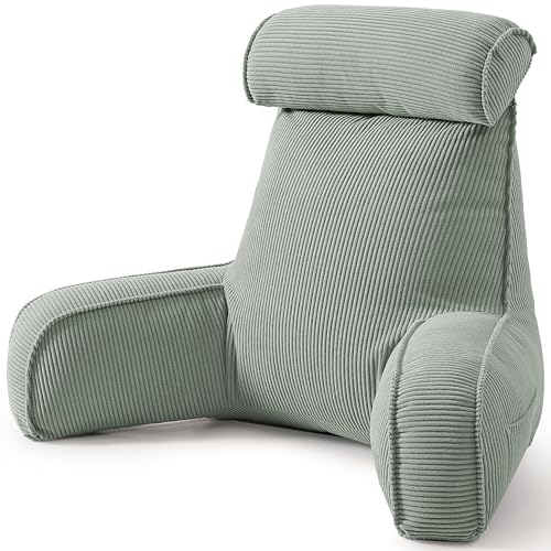 Ailuteie Corduroy Reading Pillow for Sitting Up, Bed Rest Pillow with Arms, Detachable Headrest, Side Pockets & Washable Cover, Back Support for Sofa Couch Relaxing, Grey Green