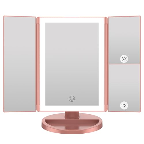 WEILY Makeup Mirror with Lights, Magnifying Mirror with 1X/2X/3X, Tri-Fold LED Makeup Mirror with Touch Screen, Table Mirror USB Holder and Battery (Rose Gold)