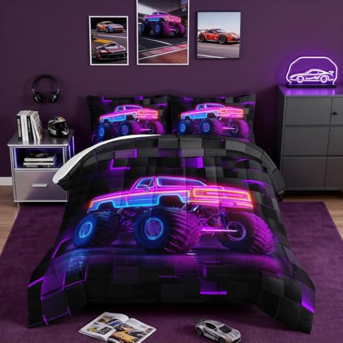 HOSIMA Boys Monster Truck Full Comforter Sets,Geometric Background Pattern Cool Extreme Sports Bedding for Kids Men Monster Truck Room Decor,Lightweight Fluffy Comforter with 2 Pillowcases.