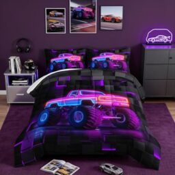 HOSIMA Boys Monster Truck Full Comforter Sets,Geometric Background Pattern Cool Extreme Sports Bedding for Kids Men Monster Truck Room Decor,Lightweight Fluffy Comforter with 2 Pillowcases.