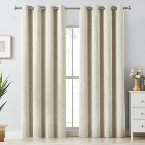 Melodieux Elegant Cotton Room Darkening Curtains for Living Room Bedroom Thermal Insulated Privacy Grommet Window Curtain Panels, 52 by 96 Inch, Natural Beige(1 Panel