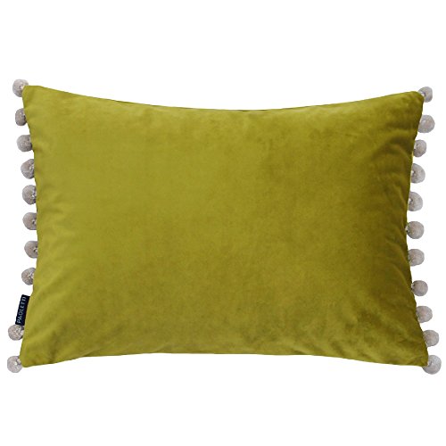 Paoletti Fiesta Rectangular Cushion Cover – Faux Velvet with Pompom Edges (Bamboo/Natural – 35 x 50cm)