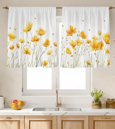 Stanoha Kitchen Curtains over Sink for Bathroom Window Cafe Basement Cortinas para Cocina Farmhouse Camper Rv Short Mini Curtain Flower Bee Summer Daisy Elegant Country Rustic Modern Cute - 26??30??????