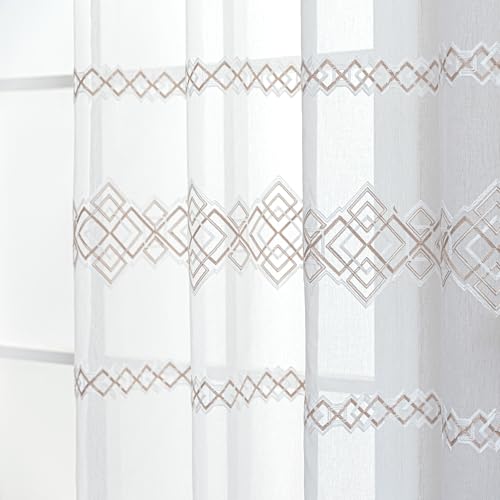 SLEEP ZONE Sheer Curtains for Living Room and Bedroom, Embroidered Sheer Curtains White Sheer Curtain 42 ?? 72 inches Long of 2 Panels, White Lattice
