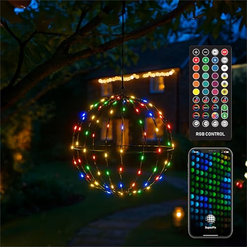 XMAS HAUS RGB 400mm Christmas Hanging Ball Light, Indoor and Outdoor Use, Remote and App Control, PSU, 3m Lead, Colour and Pattern Change, Festive Seasonal Decoration Black