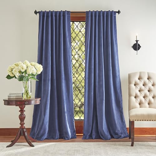 "Martha Stewart Lucca Velvet Blackout Back Tab Window Curtain Panel Pair, 95"", Navy"