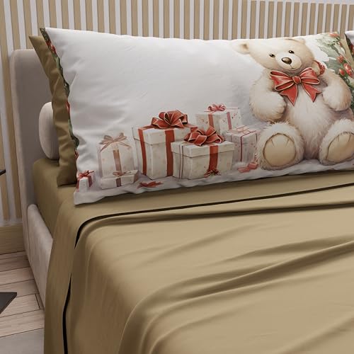 PETTI Italian Artisans - Cotton Sheets with Christmas Digital Print Pillowcases, Christmas Double Bed Sheets, Christmas Double Bed Set, Teddy Bear 01 Dove Grey, 100% Made in Italy