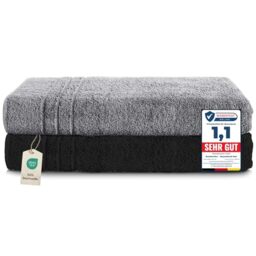 Komfortec Set of 2 Sauna Towels, 80 x 200 cm, 100% Cotton, XXL Sauna Towels, Soft, Large, Terry Cloth, Quick Drying, Anthracite Grey/Black