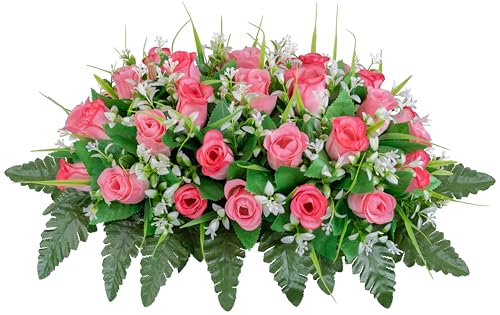 MOOMASS Artificial Cemetery Flowers Saddle, Pink Roses, Outdoor Grave Decorations with Non-Bleed Colors