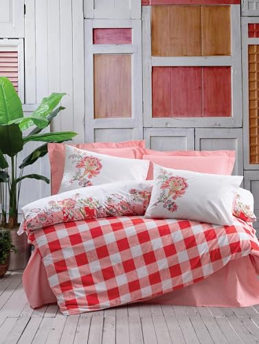 Nuit Des Rêves Ranforce Double Quilt Cover Set (200 x 200 cm), 100% Cotton, Pink & White, 2 Pillowcases (80 x 80 cm) Machine Washable, Elegant Pigment Printing, Button Closure