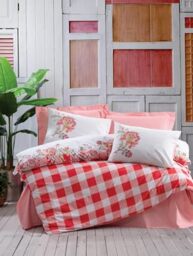Nuit Des Rêves Ranforce Double Quilt Cover Set (200 x 200 cm), 100% Cotton, Pink & White, 2 Pillowcases (80 x 80 cm) Machine Washable, Elegant Pigment Printing, Button Closure