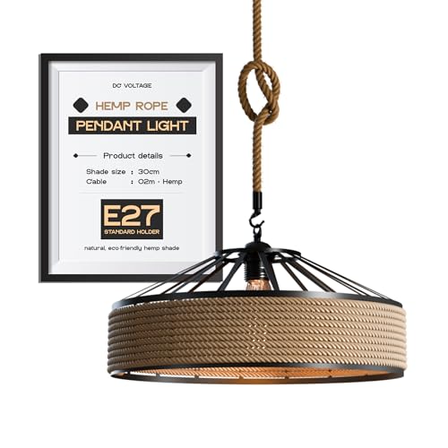 DC VOLTAGE 30cm Metal & Rope Pendant Light, Retro Black Light Shade with Jute Rope 2m Adustable Ceiling, Rattan Lamp for Ceiling Lights, Living Rooms, Kitchen, Bedroom, Hallways
