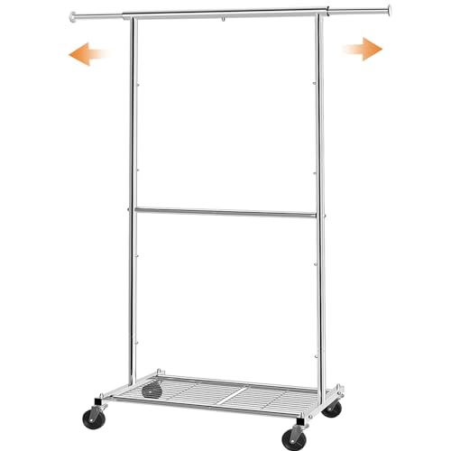 Simple Trending Standard Clothing Garment Rack, Rolling Clothes Organizer with Wheels and Bottom Shelves, Extendable, Chrome