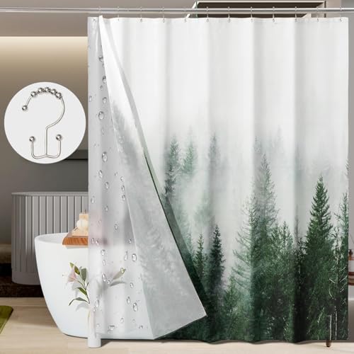 ORTIGIA 3 in 1 Waterproof Shower Curtain and Clear PEVA Liner Set,Green Misty Forest Shower Curtain with 12 Hooks,Waterproof Double SidedTree Shower Curtain for Bathroom Polyester Fabric-72 Wx72 L