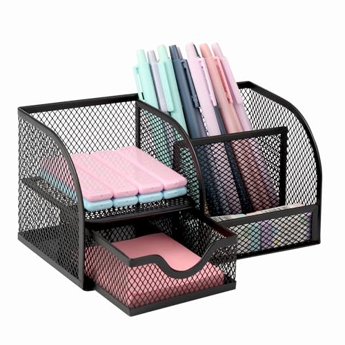 Kolamom Mesh Desk Organiser, Multifunction Pen Holder, 4 Sorting Compartments Space Saving Desk Organizer for Pens, Staples, Folders and Documents
