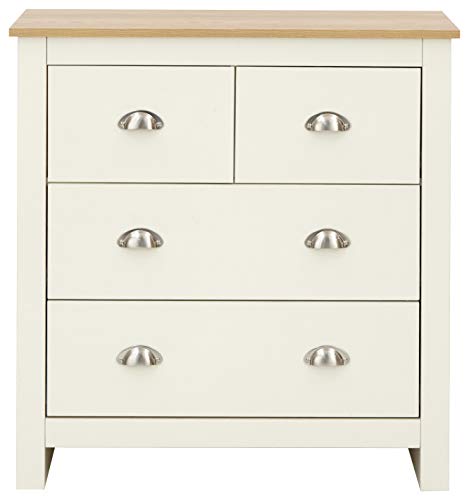 GFW Lancaster Wooden 4 Drawer Chest With Steel Cup Handle & 37.7 Litre Drawers, Modern Bedroom Furniture Chest Of Drawers Storage Unit, Contrast Oak Top, Cream D-35 x W-79 x H-81cm