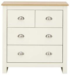 GFW Lancaster Wooden 4 Drawer Chest With Steel Cup Handle & 37.7 Litre Drawers, Modern Bedroom Furniture Chest Of Drawers Storage Unit, Contrast Oak Top, Cream D-35 x W-79 x H-81cm
