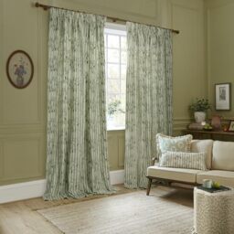 Sanderson Chinese Lanterns Room Darkening Pencil Pleat Curtain Pair– Floral Embroidered Striped Lined Drapes (Sage - 117x183cm)