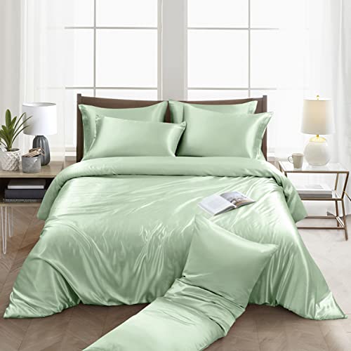 Ersmak 6 Pieces Satin Duvet Cover Full/Queen Size Luxury Silky Bedding Duvet Cover Set with 1 Soft Duvet Cover, 4 Queen Pillowcases and 1 Body Pillowcase, Sage Green