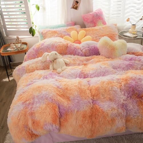 SUCSES Faux Fur Twin Bedding Sets for Girls, 2 Pcs Fluffy Furry Duvet Cover Set, Plush Shaggy Tie Dye Teen Girl Bed Set, Colorful Rainbow Ombre Comforter Cover Set (Pink Orange, Twin)