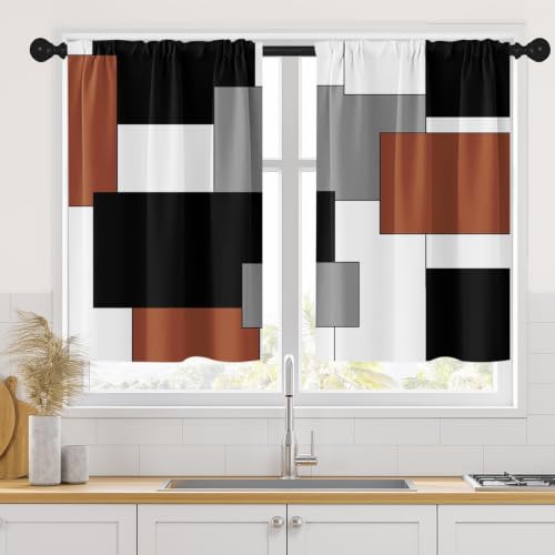 Tayney Geometric Brown Kitchen Curtains 36 Inch Length Black Grey White Window Short Tier Curtains Over Sink Set of 2, Modern Abstract Art Small Kitchen Decor 26x36 Inch