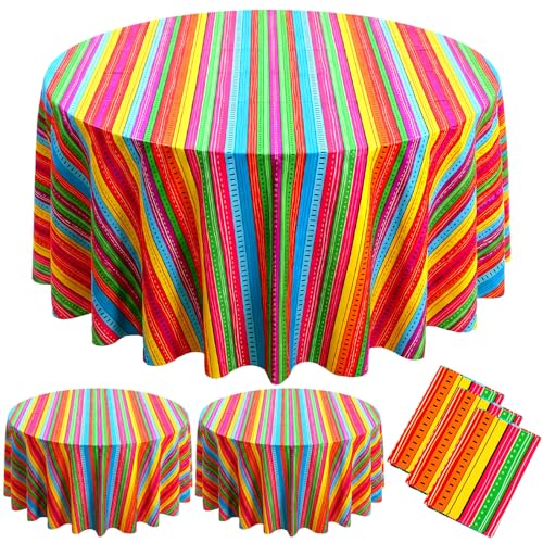 Hahafelt 3 Pcs Mexican Fiesta Plastic Tablecloth 84 Inch Cinco De Mayo Round Disposable Table Cover Colorful Stripe Serape Circular Table Cloth for Mexican Carnival Taco Night Loteria Party Decor